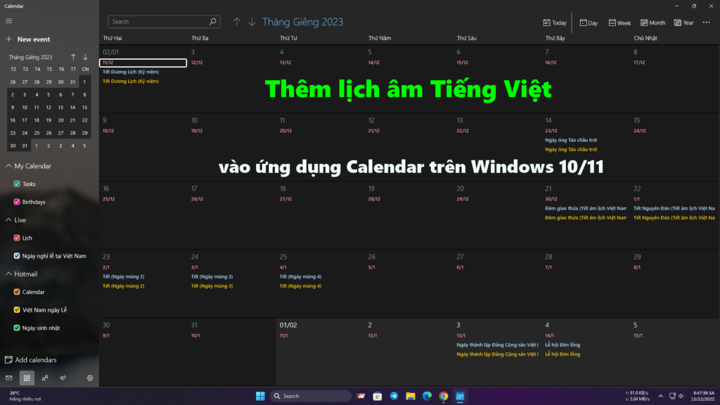 Cách thêm lịch âm Tiếng Việt vào ứng dụng Calendar trên Windows 10/11